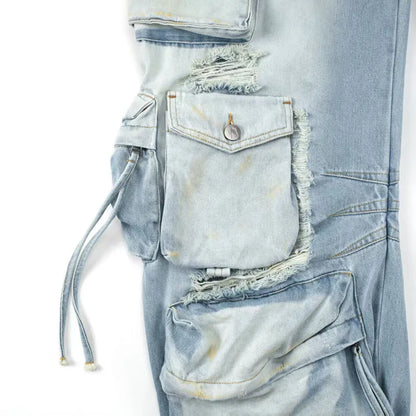 Women's jeans 2025 Winter new low waisted slim fit pure cotton wide leg pants Retro ripped cargo pants Multi pocket denim pants