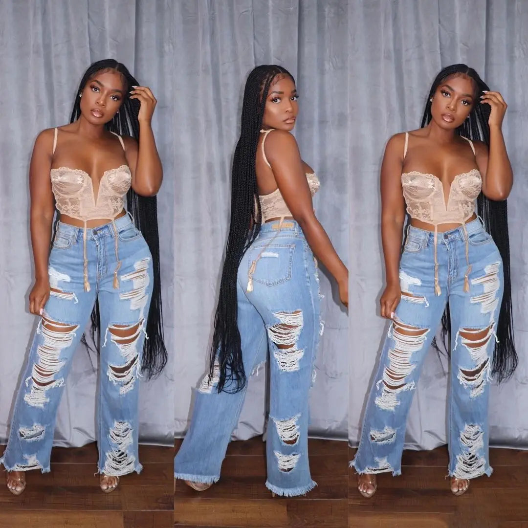 New Fashion Women's Jeans Loose Ripped Mid-Waist Comfortable Temperament Commuter Summer Ladies Solid Color Denim Pants