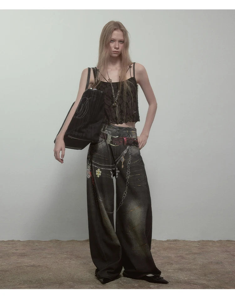 High Quality Hot Selling Wholesale 2025 New Virtual Digital Printed Retro Fashionable Personalized Wide Leg Jeans Pants Women