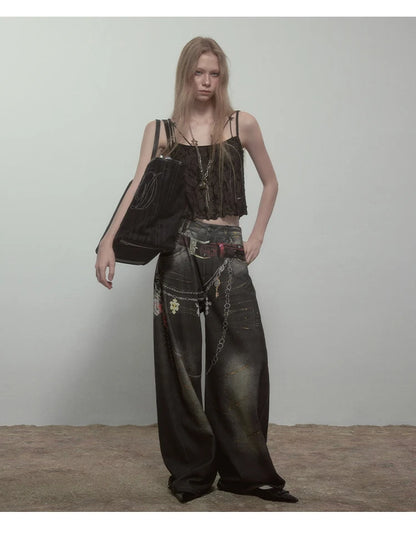 High Quality Hot Selling Wholesale 2025 New Virtual Digital Printed Retro Fashionable Personalized Wide Leg Jeans Pants Women