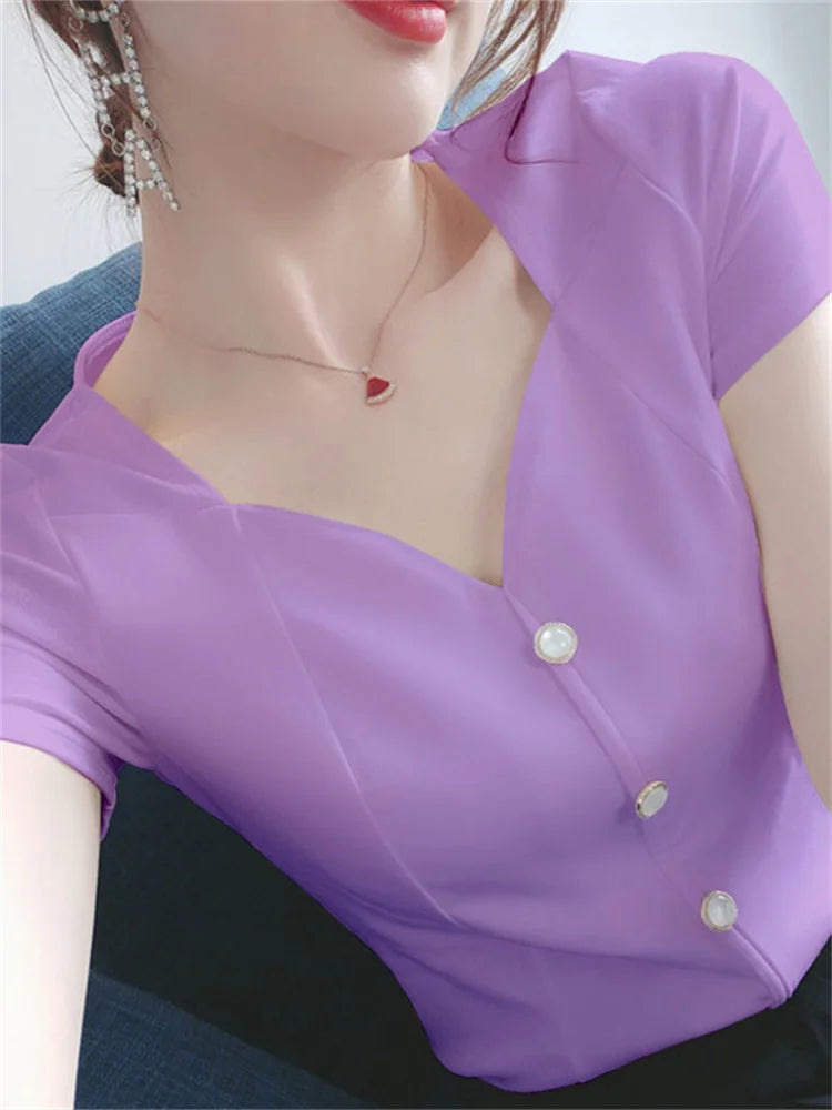 Womens Tops And Blouses Summer Short Sleeve Blouse Women Blusas Mujer De Moda 2022 Turtleneck Knitted Blouse Shirt Tops