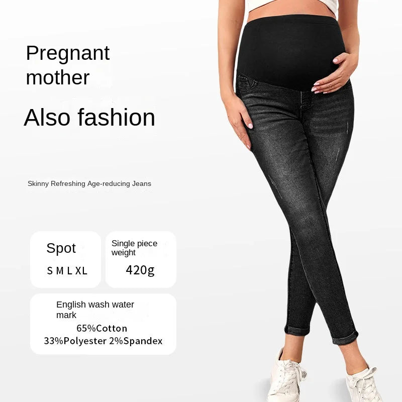 Maternity Women High Waist Support Belly Jeans Fall Pregnant Hip Lifting Elastic Denim Pants Daily Work Wear Streetwear Trousers