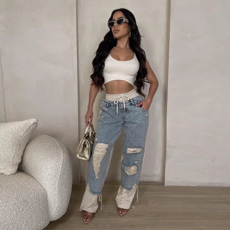 Casual Patchwork Jeans Women Loose Drawstring Low Waist Pockets Zipper Straight Leg Pants 2025 Spring Summer Street Lady Trouser