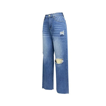 Women Knee Broken Holes Trend Straight Jeans Fashion Comfortable Casual High Waist Denim Pants Female Loose Wide Leg Trousers 24