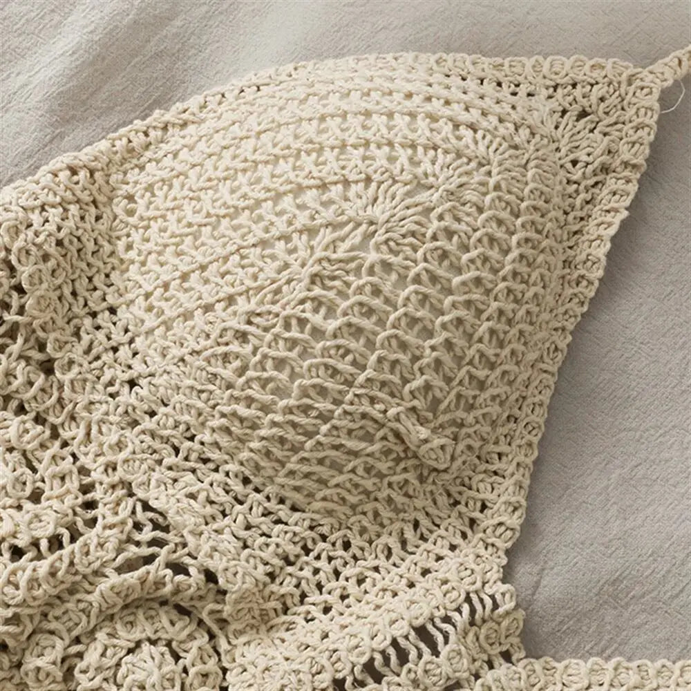 Women Summer Beach Boho Crop Tops Sexy Y2K Knitted Backless Hollow Out Tank Tops Crochet Tassels Hem Halter Bras Bustier Top