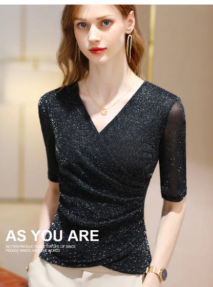 Women's Clothing 2022 Latest Fashion Blouses Elegant Summer T Shirt Free Shiping Elastic Glitter Blouses or Tops for Woman