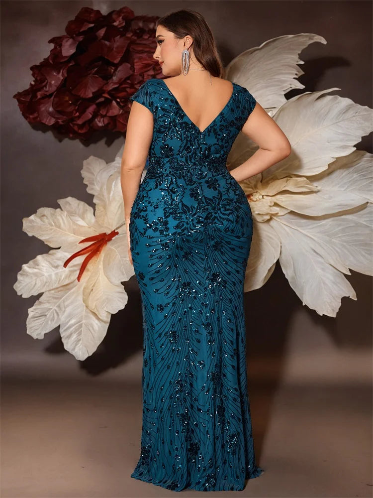 Plus Size Elegant Blue Evening Dress For Women 2024 Luxury Long Mermaid Formal Sequins V-neck Prom Wedding Party Gown