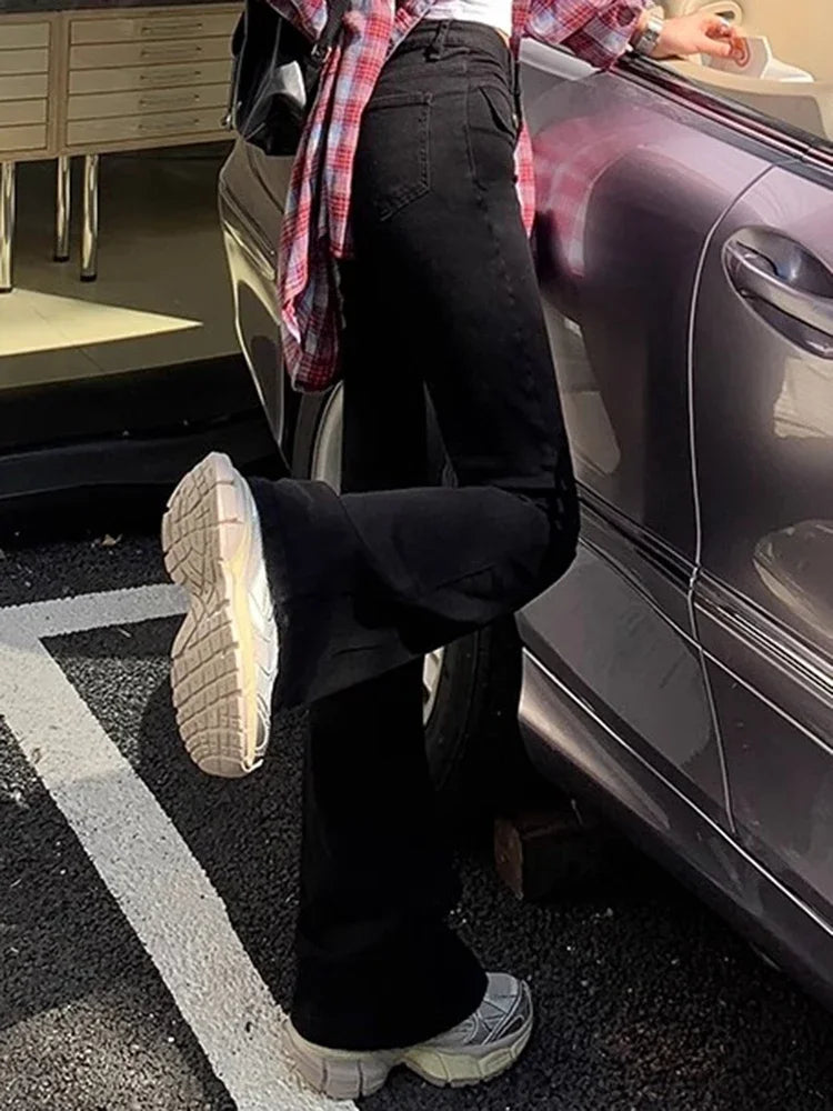 Woman New High Waist Fashion Flare Jeans Female Slim Fit Designer Denim Bell Bottom Pants Girls Retro Blue Black Gray Trousers