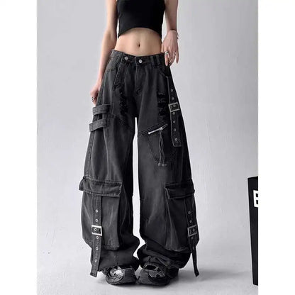 Women Vintage Black Gothic Cargo Jeans Streetwear Multi Pocket Retro Denim Pants 2025 Autumn High Street Wide Leg Trousers