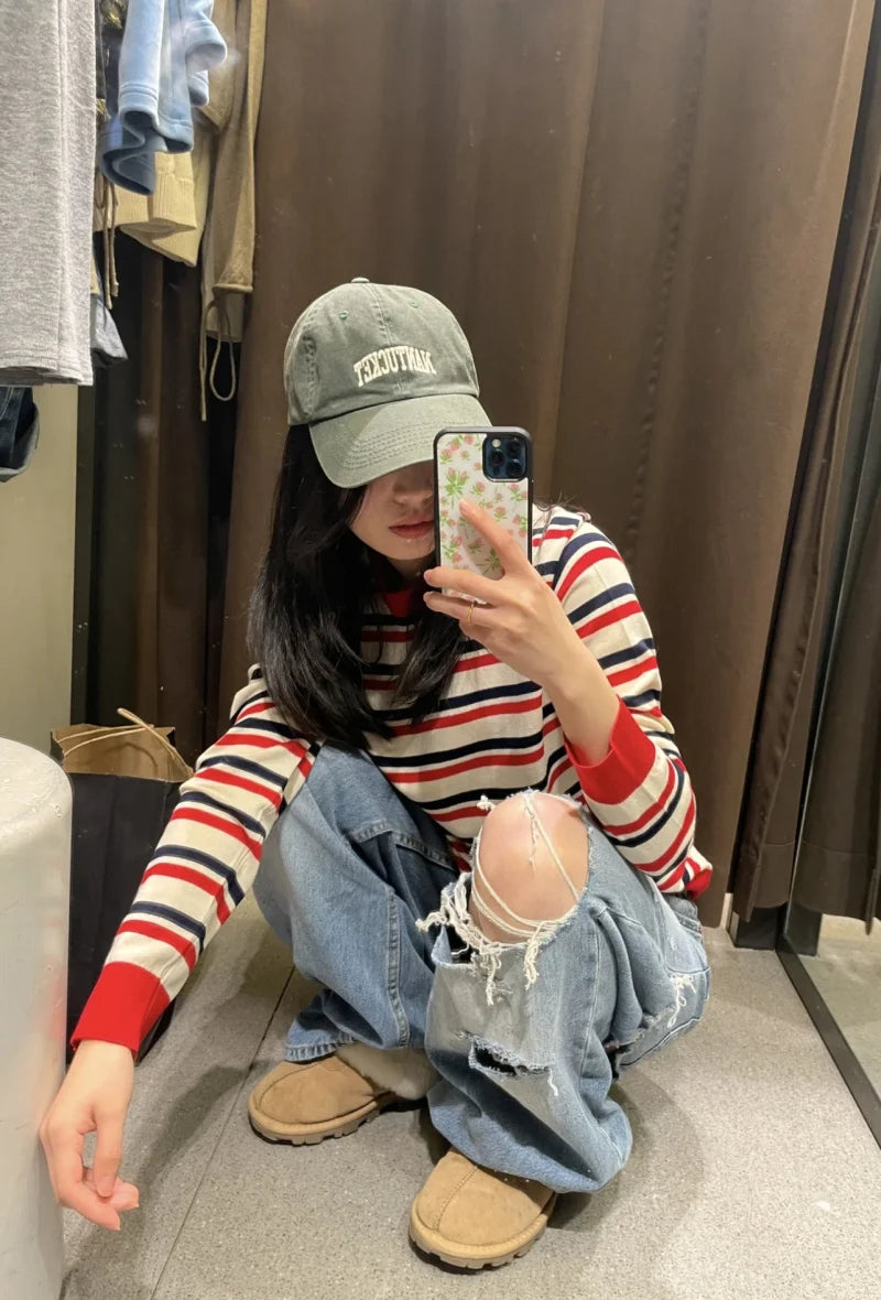 ETJ 2025 women's new street fashion fold waist mid waist washed ripped jeans loose version of the floor-length pants