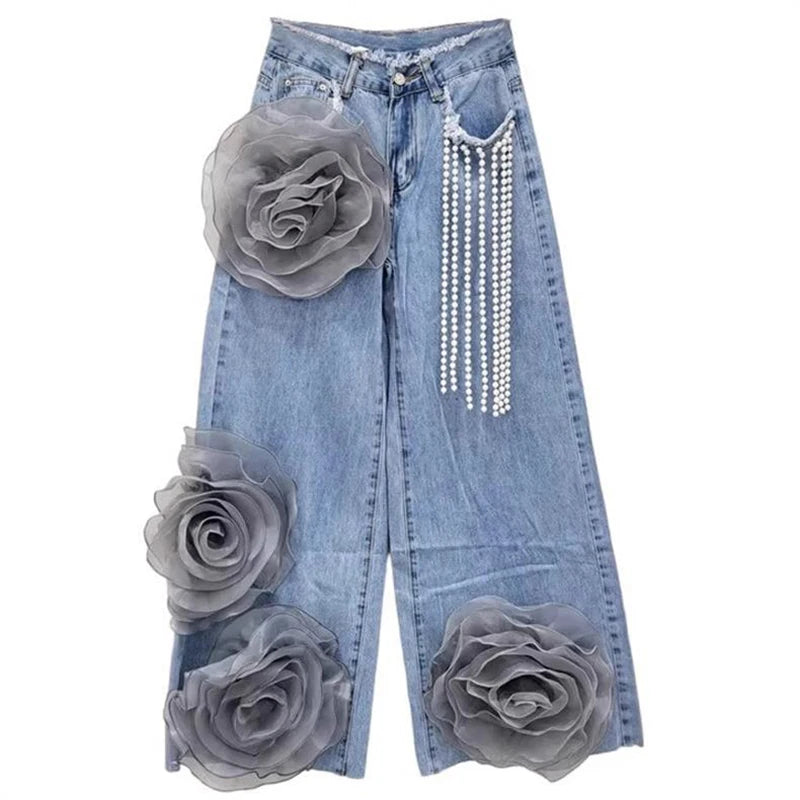 Women's High Waist Wide-Leg Casual Jeans Trousers Summer 2025 Loose Fit Joker Design Three-Dimensional Flower Wide-Leg Pants