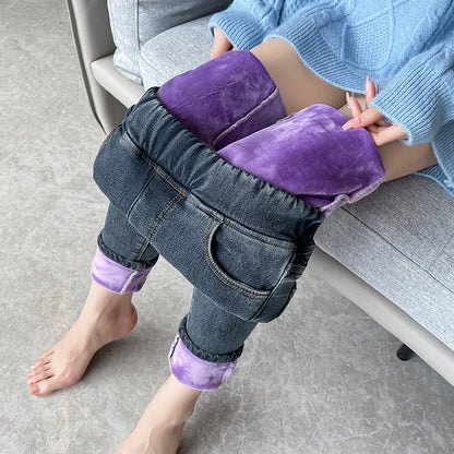 Women's Winter Jeans Fleece Warm Slim Pencil Trousers Elastic Waist Thicken Velvet Comfortable Mom Denim Pants Female
