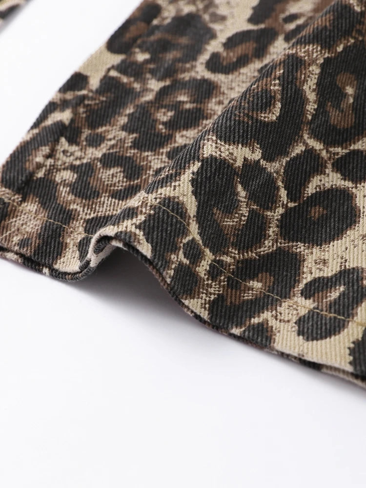 High-Waisted Leopard Print Denim Jeans for Women Retro Slim Straight Leg Trousers Vintage Y2k Hip Hop Streetwear Lady Fashion