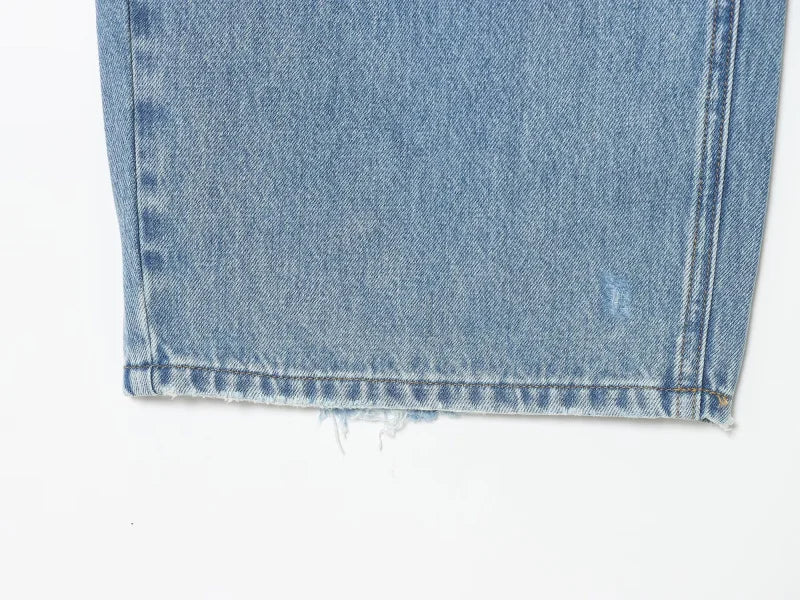 ETJ 2025 women's new street fashion fold waist mid waist washed ripped jeans loose version of the floor-length pants