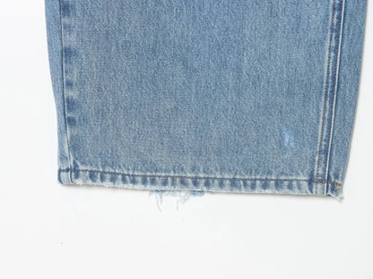 ETJ 2025 women's new street fashion fold waist mid waist washed ripped jeans loose version of the floor-length pants