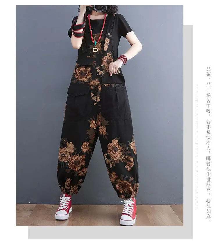 Women's Nine Split Jeans Overalls, Casual Female Print Jumpsuit, Loose Bloomers, Oversized Rompers, Suspenders, Fashion, Spring,