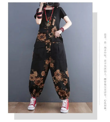 Women's Nine Split Jeans Overalls, Casual Female Print Jumpsuit, Loose Bloomers, Oversized Rompers, Suspenders, Fashion, Spring,