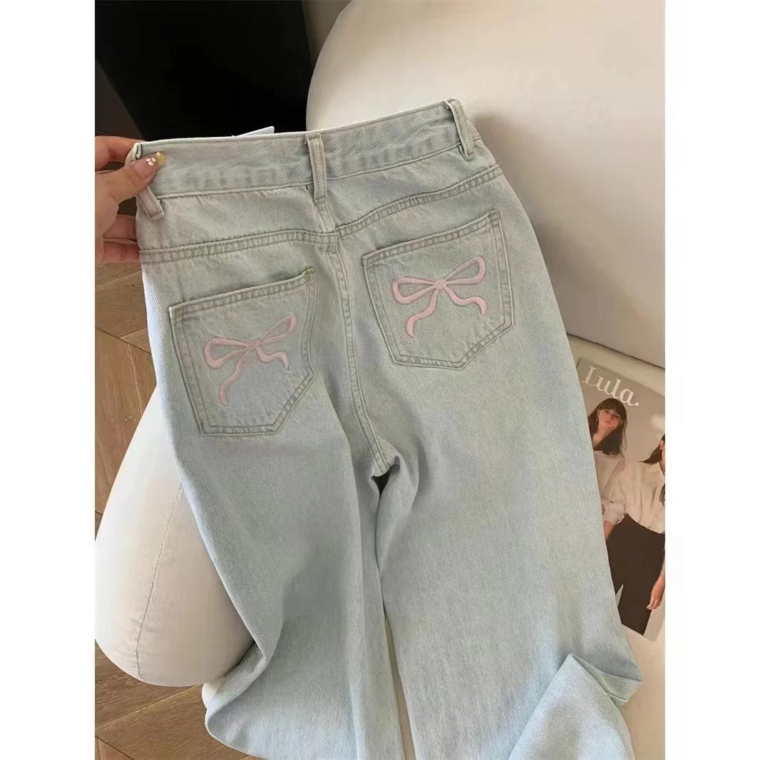 2024 Blue Jeans for Women High Quality High Waist American Wide Leg Pants Bow Embroidery Y2K Vintage Straight Summer Trousers