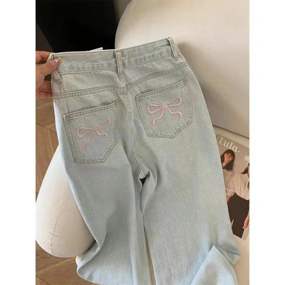 2024 Blue Jeans for Women High Quality High Waist American Wide Leg Pants Bow Embroidery Y2K Vintage Straight Summer Trousers