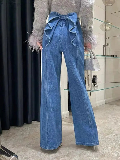 Women's Casual Bowknot Design Jeans Aesthetic Clothes Women Mid Waist Baggy Loose Trousers Fashion Ladies Denim Pants Streetwear