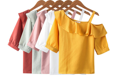Women's Shirt Tops Fashion One-Shoulder Ruffles Short-sleeved Tops Chiffon Tops S-XXL