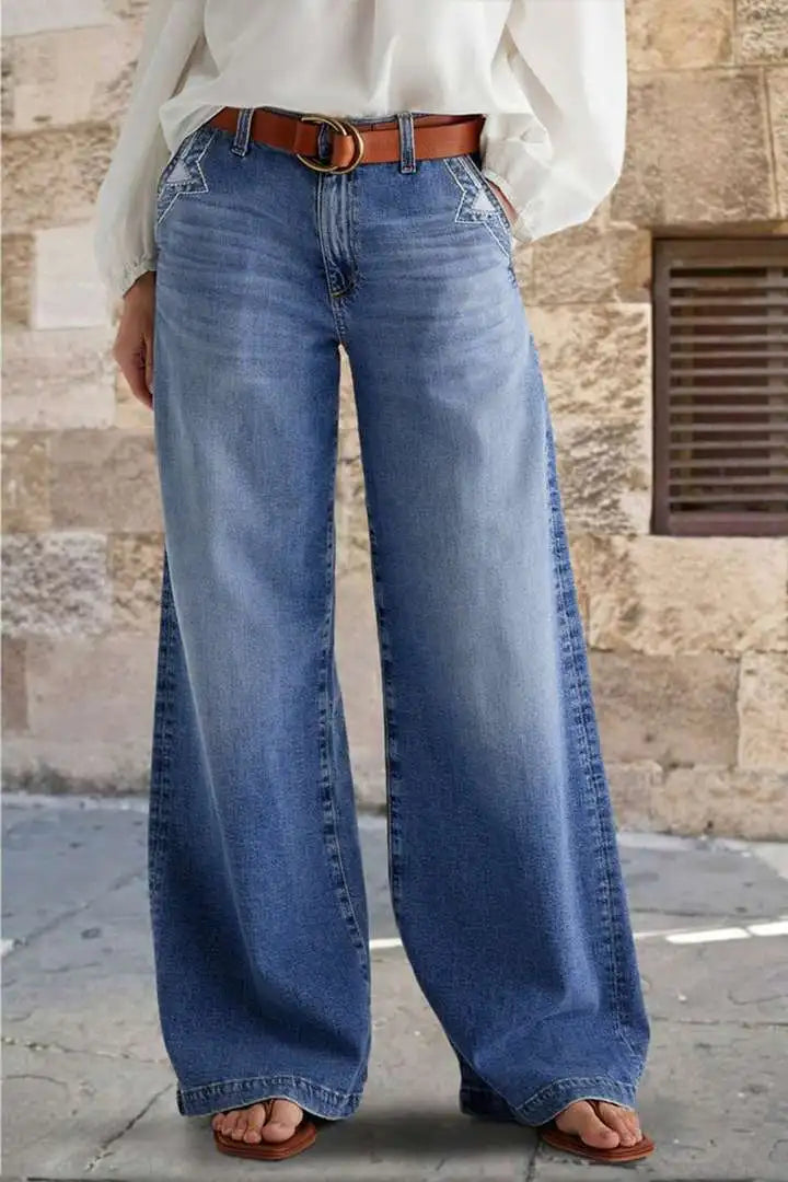 Jeans Women Wide Leg Pants Streetwear Floor Length High Waist Vintage Distressed Washed Embroidery Pockets Denims Trousers