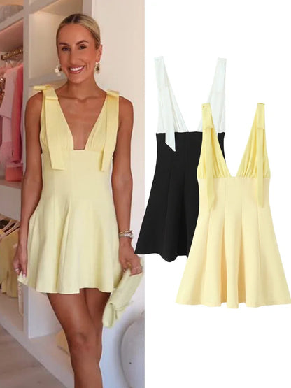 HH Women's New Fashion Mini Dress White Black V-Neck Backless Zipper Decorate Female Summer Sexy Chic Sleeveless Dresses