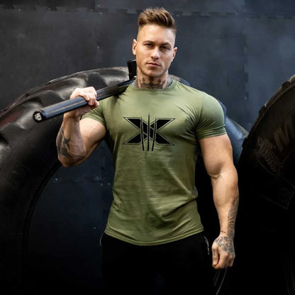 Men's Gym Fitness Clothing Man Cotton Sports Short Sleeve T-shirt Running Training Slim Printed Shirt Sweatshirt Casual Tops