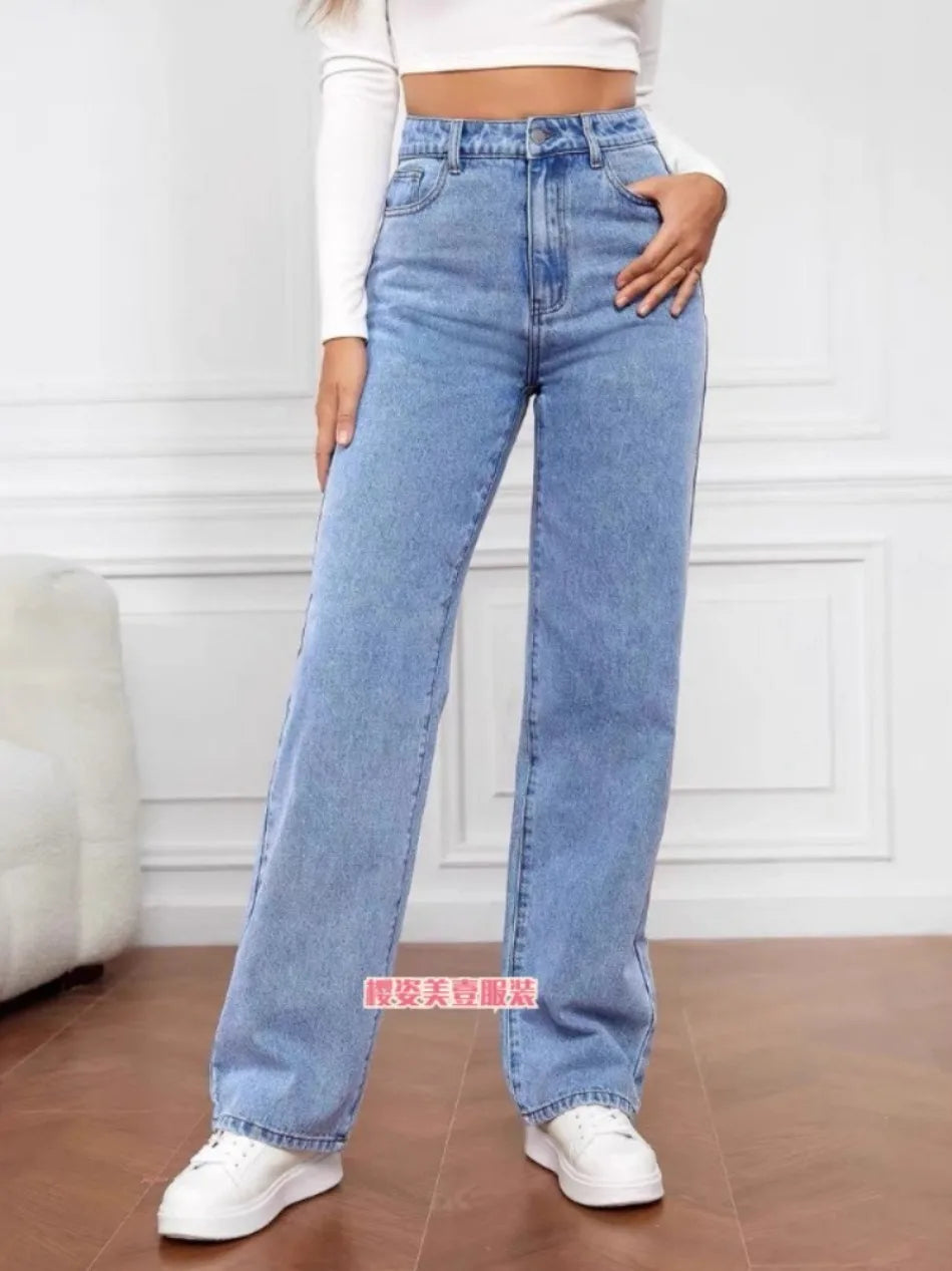 New in Jeans Women Straight Pants Washing High Waist Loose Pockets Basics Ankle Length Blue Denim Pants Streetwear Slight Strech