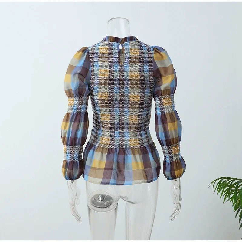 Women's Tops Vintage Plaids Elastic Pleated T Shirt Casual O Neck Long Sleeves Ruffles Hem Top Spring Chic Lady High Street Wear