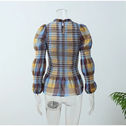Women's Tops Vintage Plaids Elastic Pleated T Shirt Casual O Neck Long Sleeves Ruffles Hem Top Spring Chic Lady High Street Wear
