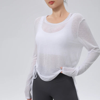 Thin Sunscreen Clothes Yoga Loose Top Drawstring Long Sleeve T-shirt Women's Gym Outdoor Exercise Clothing