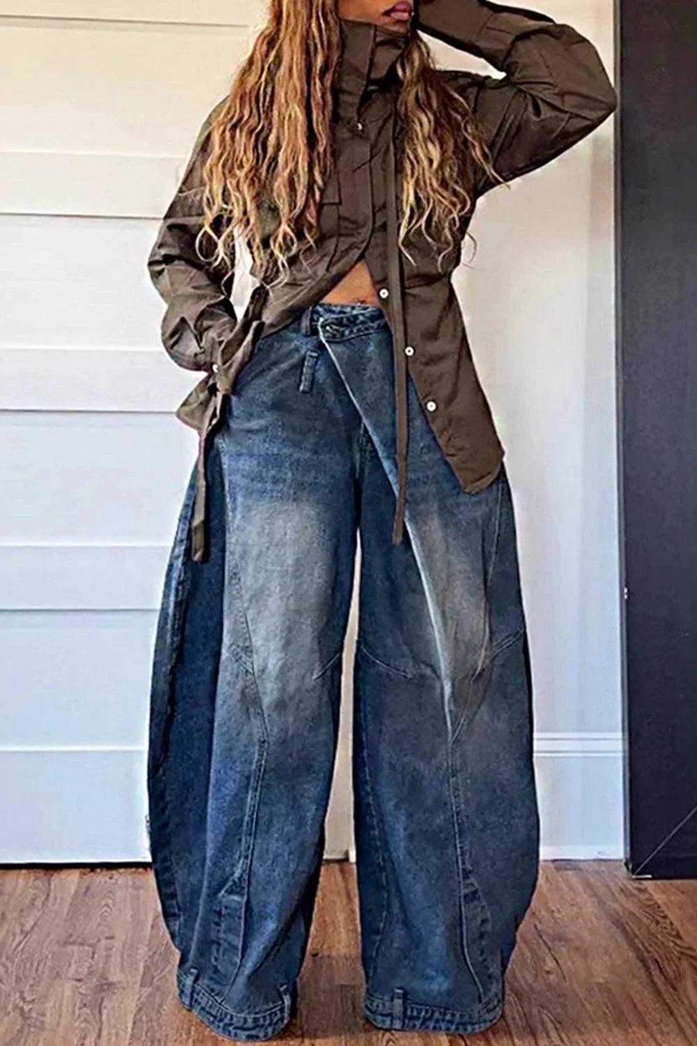 Women Loose Denim Jeans Pants Asymmetric Button Pocket Washed Casual Harajuku High Street Grunge Denim Trouders Jeans for Women