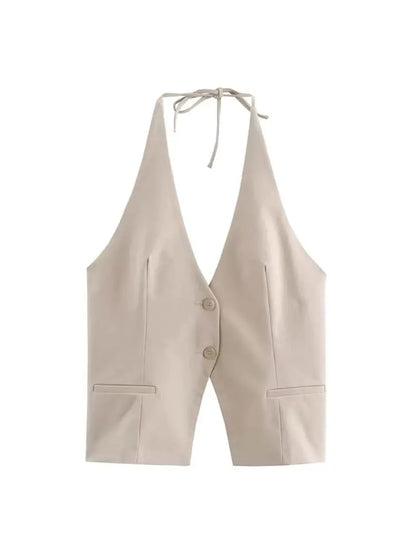 Front Button Tank Tops for Women, Tied Halter Neck, Backless, Female Camis, Sexy Fashion