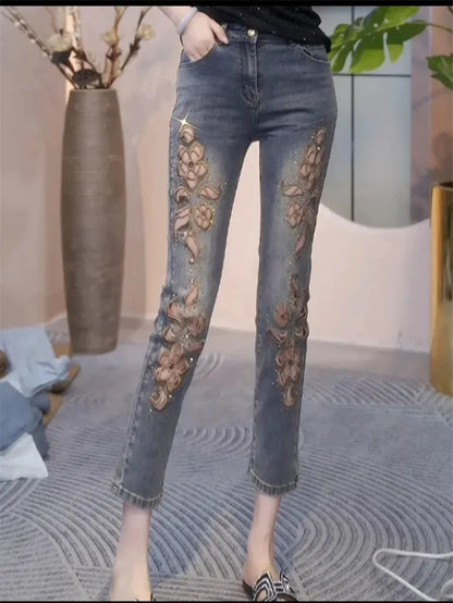 2025 Summer New Fashion Hollow Embroidered Jeans For Women Heavy Industry High Waist Slim Ankle-Length Pants Ladies Denim Pants