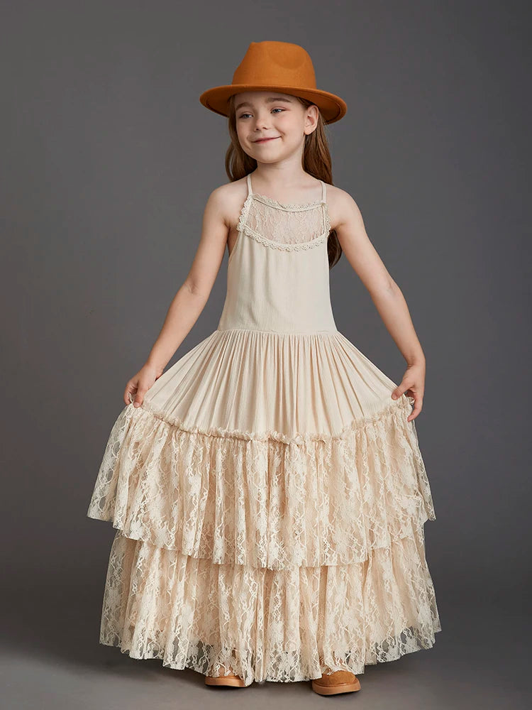 Plus Size Princess Girls Lace Long Dresses Baby Kids Flower Wedding Christmas Party Vestidos Children Clothing For 3-15 Years