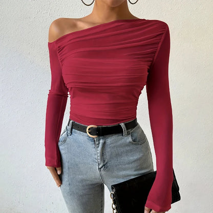 Autumn Winter Top Women 2025 Fall Fashion Off The Shoulder Long Sleeve Shirts Crop Tops Slim Fit Blouses Y2K Clothing Streetwear
