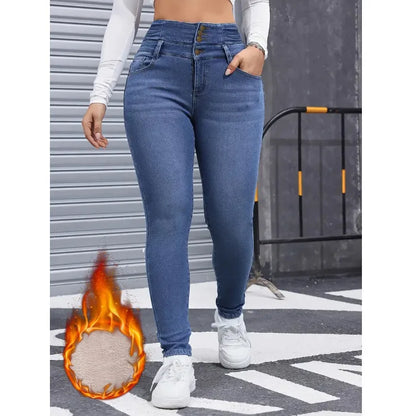 Women's High Elasticity Fleece Lined Thick Denim Jeans, Fall & Winter Fashion, Comfortable Slimming Jeans, Elegant Style