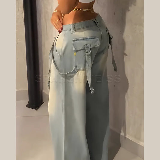 Jeans for Women Straight Pants Vintage Denims Washed Mid Waist Loose Fit Wide Leg Denim Long Pants 2025 Streetwear