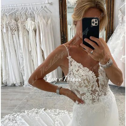 Customized Elegant Deep V Neck Wedding Dress 2025 Lace Appliques Backless A-Line Wedding Gown Sleeveless Tulle Vestido De Noiva
