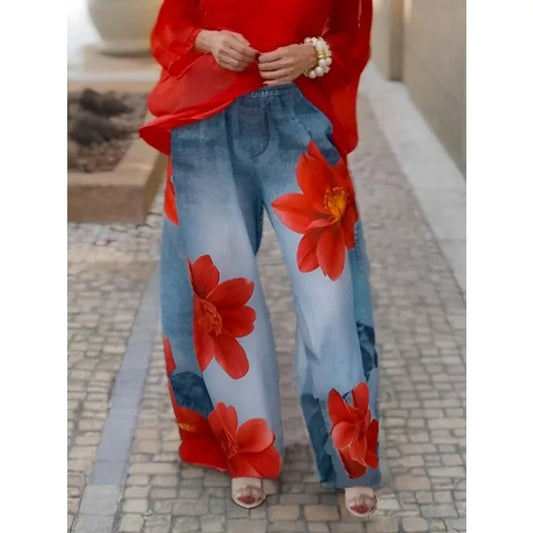 Casual Flower Printing Jeans For Woman 2025 Streetwear Wide-leg Pants Elastic Waist Pockets Denim Trousers Bottoms 179536