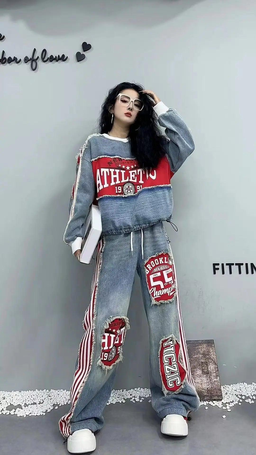 European Style Women's Jeans 2025 Autumn New Heavy-Duty Distressed Frayed Edge Letter Print Drawstring Long Pants Jeans Woman