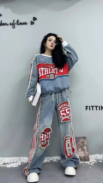 European Style Women's Jeans 2025 Autumn New Heavy-Duty Distressed Frayed Edge Letter Print Drawstring Long Pants Jeans Woman