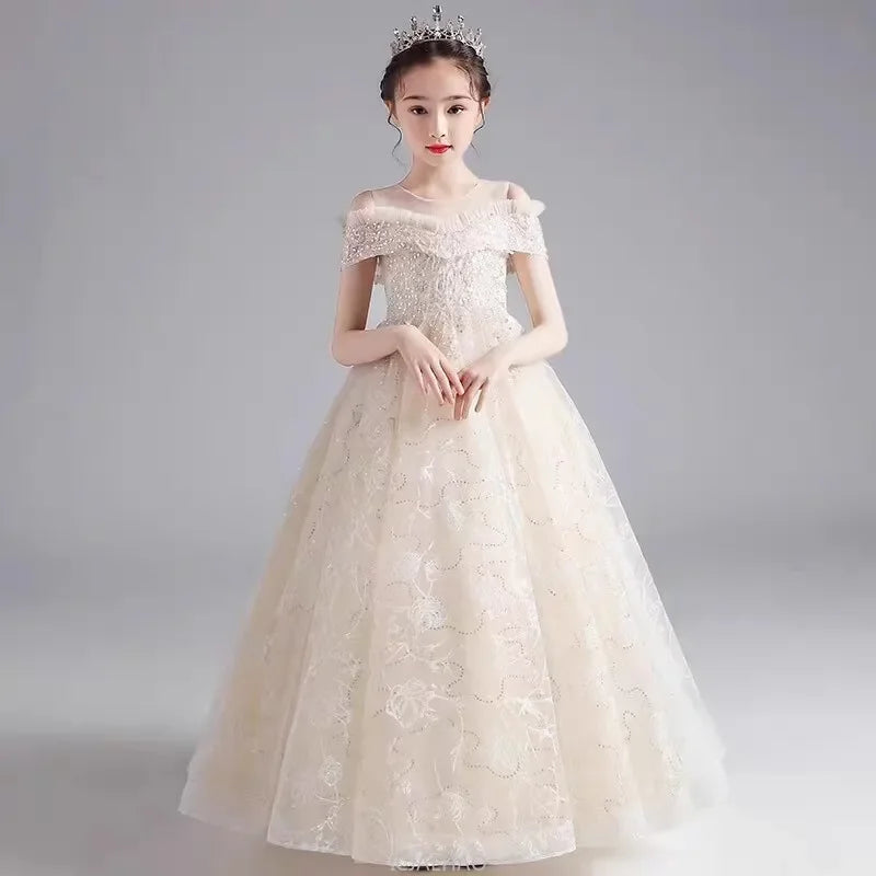 Long Dress 2025 Flower Girl Wedding Dresses Children GirlsGown Costume Kids Host Piano Outfits Birthday Party Vestido Princess