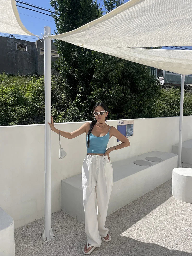 Korean Ins Retro Versatile High Waist Women's Straight Leg Jeans Summer New Fashion Loose Drawstring Design Women Wide Leg Jeans