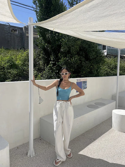 Korean Ins Retro Versatile High Waist Women's Straight Leg Jeans Summer New Fashion Loose Drawstring Design Women Wide Leg Jeans