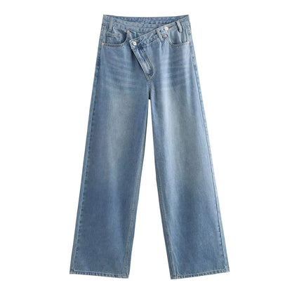 2025 Fashion Women Slanted Placket Blue Jeans Female Wide Leg Pants Long Pants High Street Ripped Jeans Versatile Retro