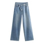 2025 Fashion Women Slanted Placket Blue Jeans Female Wide Leg Pants Long Pants High Street Ripped Jeans Versatile Retro