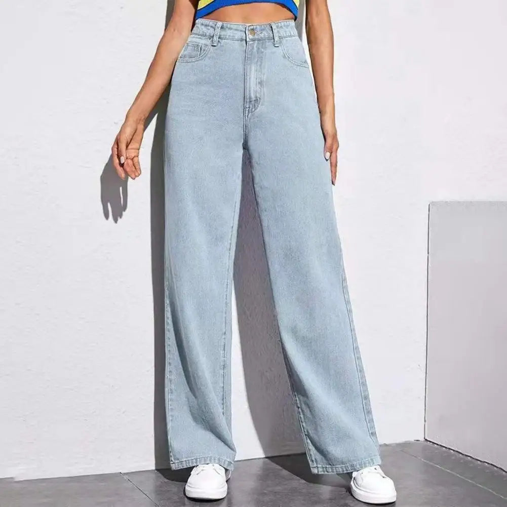 Women Jeans with Pockets High Waist Button Zipper Closure Straight Pants Vintage Denim Trousers for Daily Wear Scool Commuting