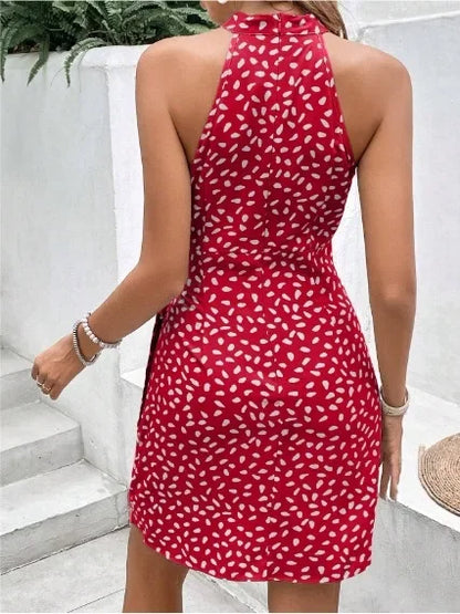 Women's Print Floral Dress Fashion Elegant Sexy Sleeveless Neck-mounted Mini Dresses Lady Summer Casual Beach Party Dress Femmes